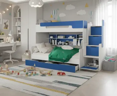 Postele ArtBed Detská poschodová posteľ s roštom HARRY | biela/modrá 120 x 200 cm