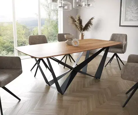 Jedálenské stoly DELIFE Jedálenský stôl Edge zaoblený 200x100 akácia prírodná Spider plochá oceľ čierna švajčiarska hrana