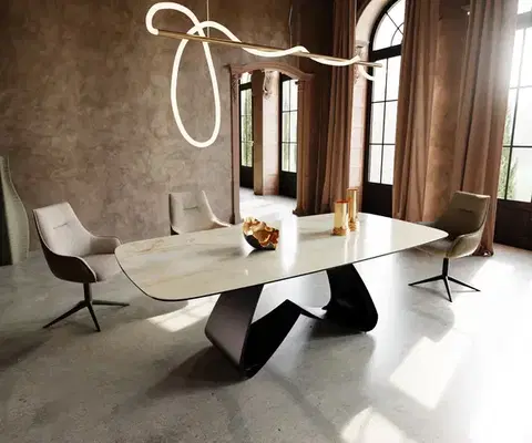 Jedálenské stoly DELIFE Jedálenský stôl Edge zaoblený tvar 240x120 cm keramika Iris FMG Onice Oro podstava v tvare W kov čierna