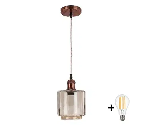 Svietidlá BRILAGI - LED luster na lanku R GLASS 1xE27/60W/230V pr. 14 cm medený/dymovo-béžový NSTK7399+AI0179