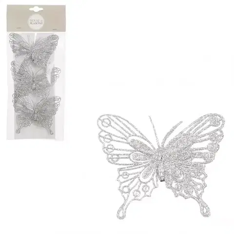 Vianočné dekorácie – do vnútra Klips motýľ strieborná 3 ks – d10xw8 cm 1143476