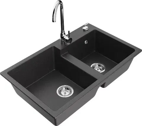 Kuchynské drezy MEXEN/S MEXEN/S - Tomas granitový drez 2-bowl vrátane batérie Telma, čierna kropenatá 6516-76-670200-00