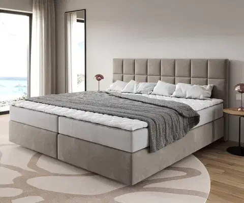 Postele Boxspring DELIFE Boxspring posteľ Dream-Fine mikrovlákno béžová 200x200 cm s vreckovou pružinovou matracou a topperom Visco