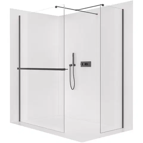 Držadlá k vani CERANO - Sprchová zástěna Walk-in Onyx T L/P - 10 mm - hranatá vzpěra + polička/držák na ručníky - černá matná, transparentní sklo- 160x130x200  CER-8050BD9501