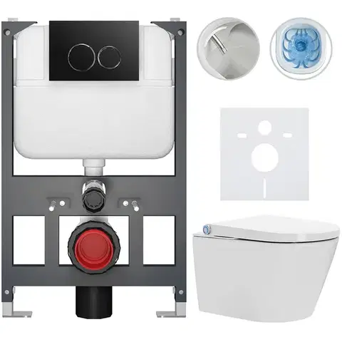 Záchody CERANO - Závesné WC s bidetom Basic/Cronus Standard - biela lesklá - WC tlačidlo Dualo/Čierna - závesné - nízky modul - predstenová inštalácia - 59,3x38,4 CER-8050BD86429