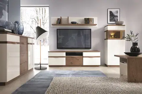 Obývacie steny TARANKO Como obývacia izba biely vysoký lesk / dub Como