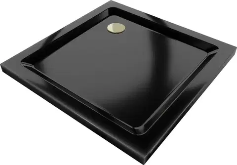 Vane MEXEN/S - Flat sprchová vanička štvorcová slim 80 x 80, černá + zlatý sifón 40708080G