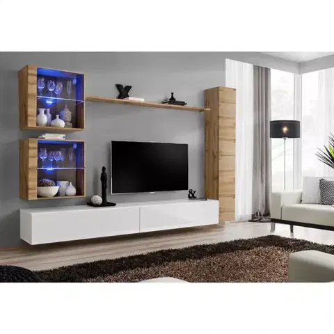 Podkrovný nábytok Obývacia stena Switch XVIII Sklo +LED Wotan/Biely