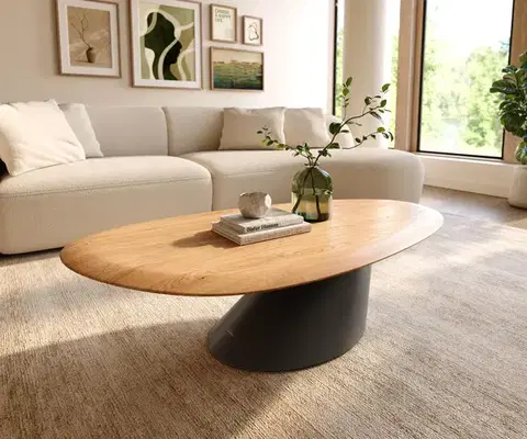 Konferenčné stolíky DELIFE Konferenčný stolík Edge oválny 140x75 cm dub prírodný zaoblená hrana Conis kov čierna