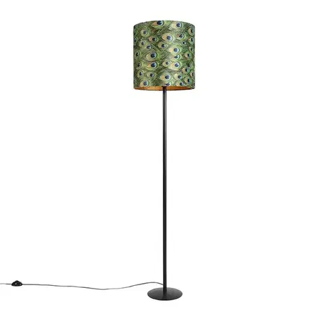 Stojace lampy Stojaca lampa čierna s plyšovým tienidlom Peacock Gold 40 cm - Simplo