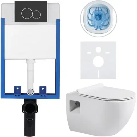 Záchody CERANO - Kompletný WC set Profi/Dure - biela lesklá - WC tlačidlo Duo/Čierna matná - na zamurovanie - 51x35 CER-8050BD84280