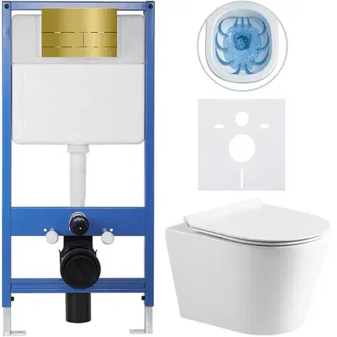 Záchody CERANO - Kompletný WC set Profi/Carlito - biela lesklá - WC tlačidlo Line/Zlatá - predstenová inštalácia - 48,5x36,5 CER-8050BD84313