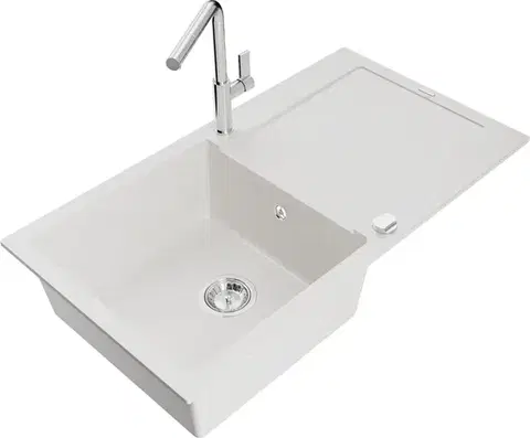 Kuchynské drezy MEXEN/S MEXEN/S - Leo granitový drez 1 s odkvapkávačom vrátane batérie Flora, biela 6501-20-670401-00