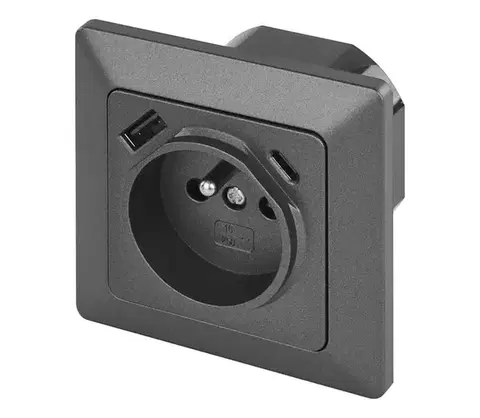 Predlžovacie káble  Domová zásuvka FRENCH s portami USB-A a USB-C, 250V/16A, antracit A6000.6