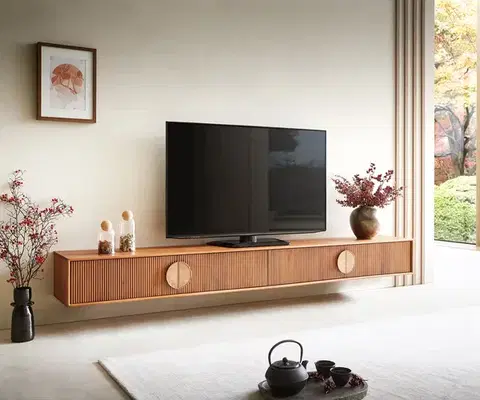 Televízne stolíky DELIFE TV stolík Surimu 240 cm akácia svetlohnedá 4 dvierka korková rukoväť závesný