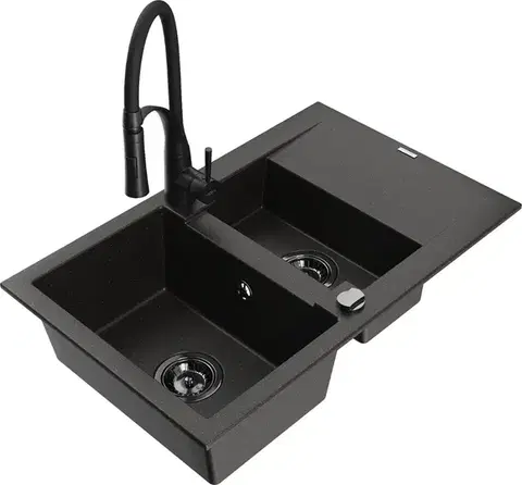Kuchynské drezy MEXEN/S MEXEN/S - Gaspar granitový drez 1.5 s odkvapkávačom vrátane batérie Aster, čierna/zlatá metalik 6507-75-73450-70-B