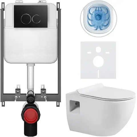 Záchody CERANO - Kompletný WC set Basic/Dure - biela lesklá - WC tlačidlo Dualo/Čierna - na zamurovanie - 51x35 CER-8050BD85901