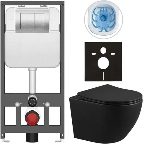 Záchody CERANO - Kompletný WC set Basic/Cesso - čierna matná - WC tlačidlo Maxio/Strieborná - závesné - predstenová inštalácia - 49x36 CER-8050BD86358