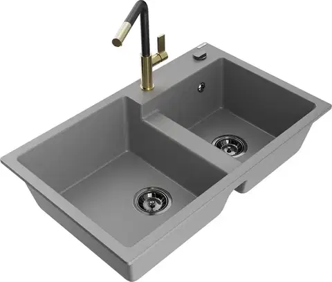 Kuchynské drezy MEXEN/S MEXEN/S - Tomas granitový drez 2-bowl vrátane batérie Flora, šedá 6516-71-670401-57-B