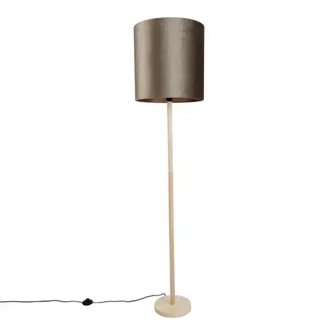 Stojace lampy Drevená stojacia lampa s taupe zamatovým tienidlom 40 cm - Mels