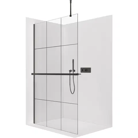 Držadlá k vani CERANO - Sprchová zástěna Walk-in Onyx Top Round L/P - 8 mm - kulatá vzpěra + polička/držák na ručníky - černá matná, industriální sklo - 90x200  CER-8050BD1483