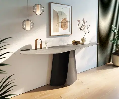 Konzolové stolíky DELIFE Konzolový stolík Edge polygonálny 180×50 cm keramika betón sivá Livos kov čierna