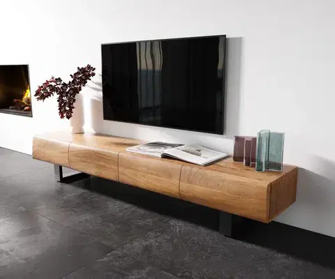 Televízne stolíky DELIFE TV stolík New Live-Edge 200 cm akácia prírodná 4 dvierka tenká podstava kov čierna