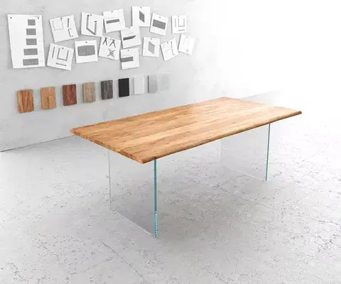 Jedálenské stoly DELIFE Jedálenský stôl Edge 200x100 akácia prírodná sklo Live-Edge
