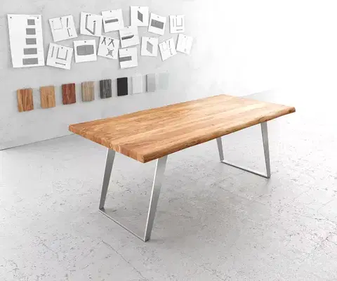Jedálenské stoly DELIFE Jedálenský stôl Edge 200x100 cm XL akácia prírodná nerezová oceľ strieborná skosený Live-Edge