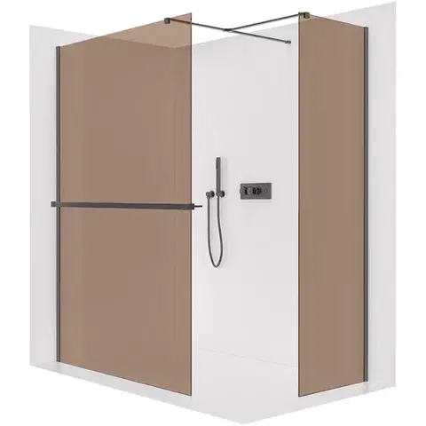 Sprchové dvere CERANO - Sprchová zástena Walk-in Onyx TL/P - 8 mm - hranatá vzpera + polička/držiak na uteráky - čierna matná, bronzové sklo - 160x140x200 CER-689629