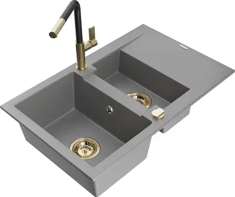 Kuchynské drezy MEXEN/S MEXEN/S - Gaspar granitový drez 1.5 s odkvapkávačom vrátane batérie Flora, šedá 6507-71-670401-57-G