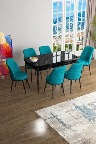 Jedálenské sety Extendable Dining Table & Chairs Set (7 Pieces) Han - Black Marble, Turquoise