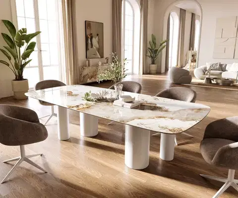 Jedálenské stoly DELIFE Jedálenský stôl Edge zaoblený tvar 260×120 cm keramika Minas Melange bielo-béžová pilier kov biela