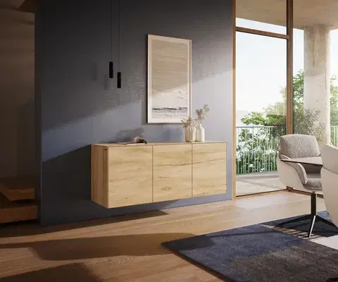Komody DELIFE Komoda Cuor 150 cm keramika Laminam® sabbia v dubovej farbe 3 dvierka závesná