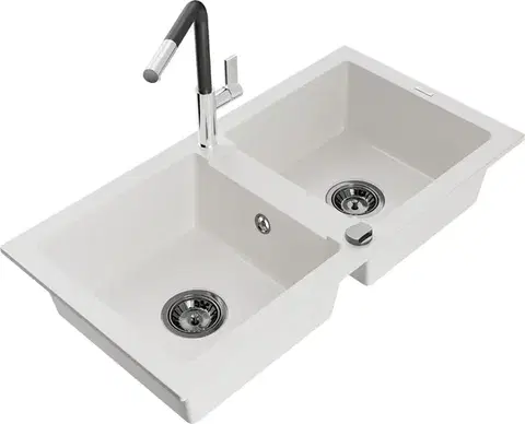 Kuchynské drezy MEXEN/S MEXEN/S - Mario granitový drez 2-bowl vrátane batérie Flora, biela 6504-20-670401-07-B