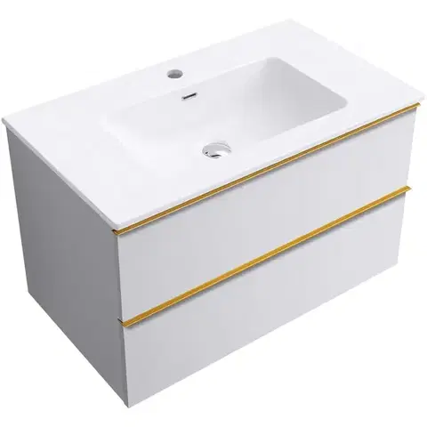 Kúpeľňový nábytok CERANO - Kúpeľňová skrinka Velora - biela matná, úchytka zlatá + keramické umývadlo Novo - biela lesklá - 81x54,5x46,5 CER-979886