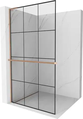 Sprchové dvere MEXEN/S - Kioto+ L Sprchová zástena WALK-IN s poličkou a držiakom uterákov 100 x 200, čierny vzor, meď kartáčovaná 800-100-123-65-77