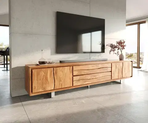 Televízne stolíky DELIFE TV stolík Live-Edge 300 cm akácia prírodná 4 dvierka 2 zásuvky