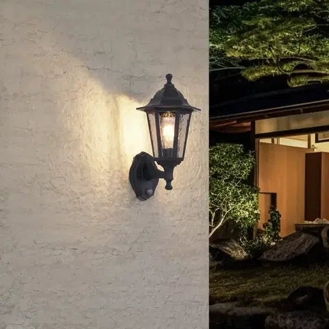 Vonkajsie svetlo so senzorom Vonkajšie nástenné svietidlo čierne s pohybovým senzorom IP44 - New Haven Hammered