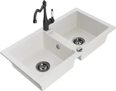 Kuchynské drezy MEXEN/S MEXEN/S - Mario granitový drez 2-bowl vrátane batérie Carla, biela 6504-20-670700-70