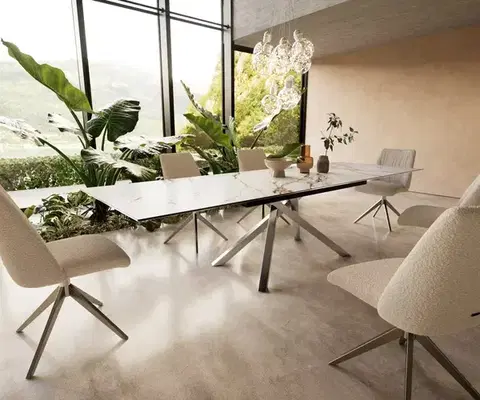Jedálenské stoly DELIFE Jedálenský stôl Edge 200-300x100 keramika Calacatta Luxe bielo-zlato-šedá krížová podstava obdĺžnik nerezová oceľ rozkladací