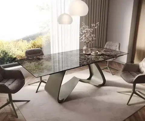Jedálenské stoly DELIFE Jedálenský stôl Edge 180-220x100 keramika Laminam® Emperador Extra Lucidato tmavohnedá podstava v tvare W titánová farba rozkladací