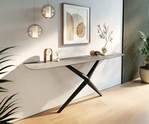 Konzolové stolíky DELIFE Konzolový stolík Edge zaoblený 180×40 cm keramika betón sivá Estelo kov čierna