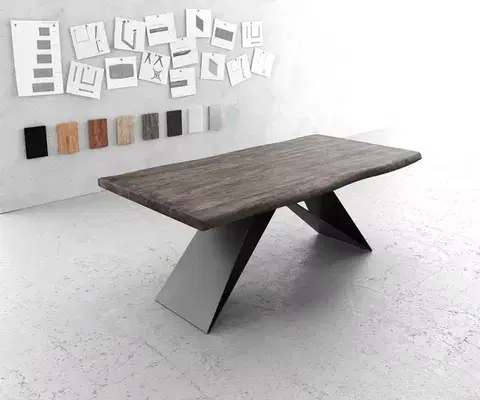 Jedálenské stoly DELIFE Jedálenský stôl Edge 200x100 XL akácia platinová podstava v tvare V plochá oceľ čierna Live-Edge