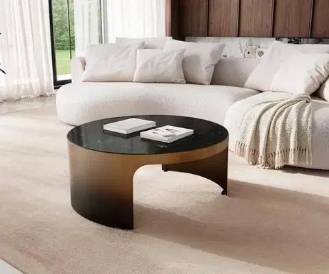 Konferenčné stolíky DELIFE Konferenčný stolík Alerio 90x90 cm mramor čierna strieborná kov zlatý ombré