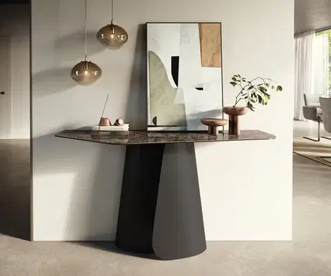Konzolové stolíky DELIFE Konzolový stolík Edge polygonálny 140×50 cm keramika Emperador Extra Lucidato tmavohnedá Livos kov čierna