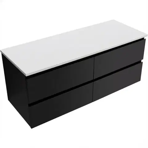 Kúpeľňový nábytok CERANO - Kúpeľňová skrinka Carole - čierna matná + doska pod umývadlo z lit. mramoru Elanys - 12 mm - biela matná - 120x49,2x46 CER-679343