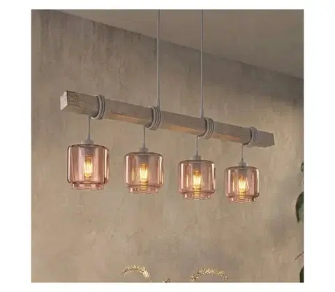 Svietidlá BRILAGI - Luster na lanku WOOD GLASS 4xE27/60W/230V borovica/sivá/dymovo béžová EG49927A+4xNSTK7399