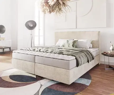 Postele Boxspring DELIFE Boxspring posteľ Dream-Well 180×200 cm manšester béžová s matracom a topperom