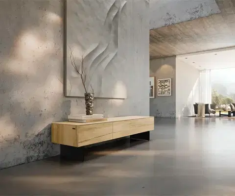 Televízne stolíky DELIFE TV stolík Cuor 150 cm keramika Laminam® Sabbia dubová farba 1 výklopné dvierka 1 zásuvka podstava závesná kov čierna